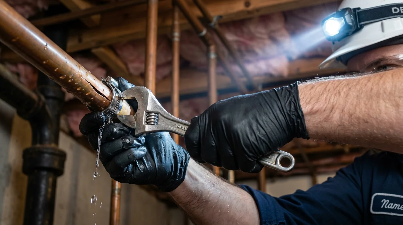 Emergency pipe clamp repair being performed by a Johns Plumbing LLC plumber in Paducah