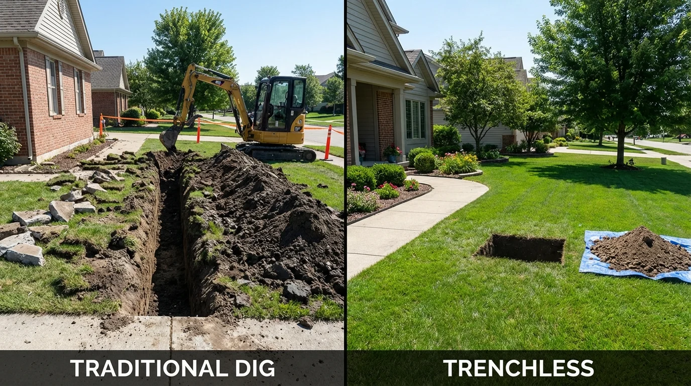 Trenchless sewer repair with minimal yard damage versus traditional excavation in Paducah, TX